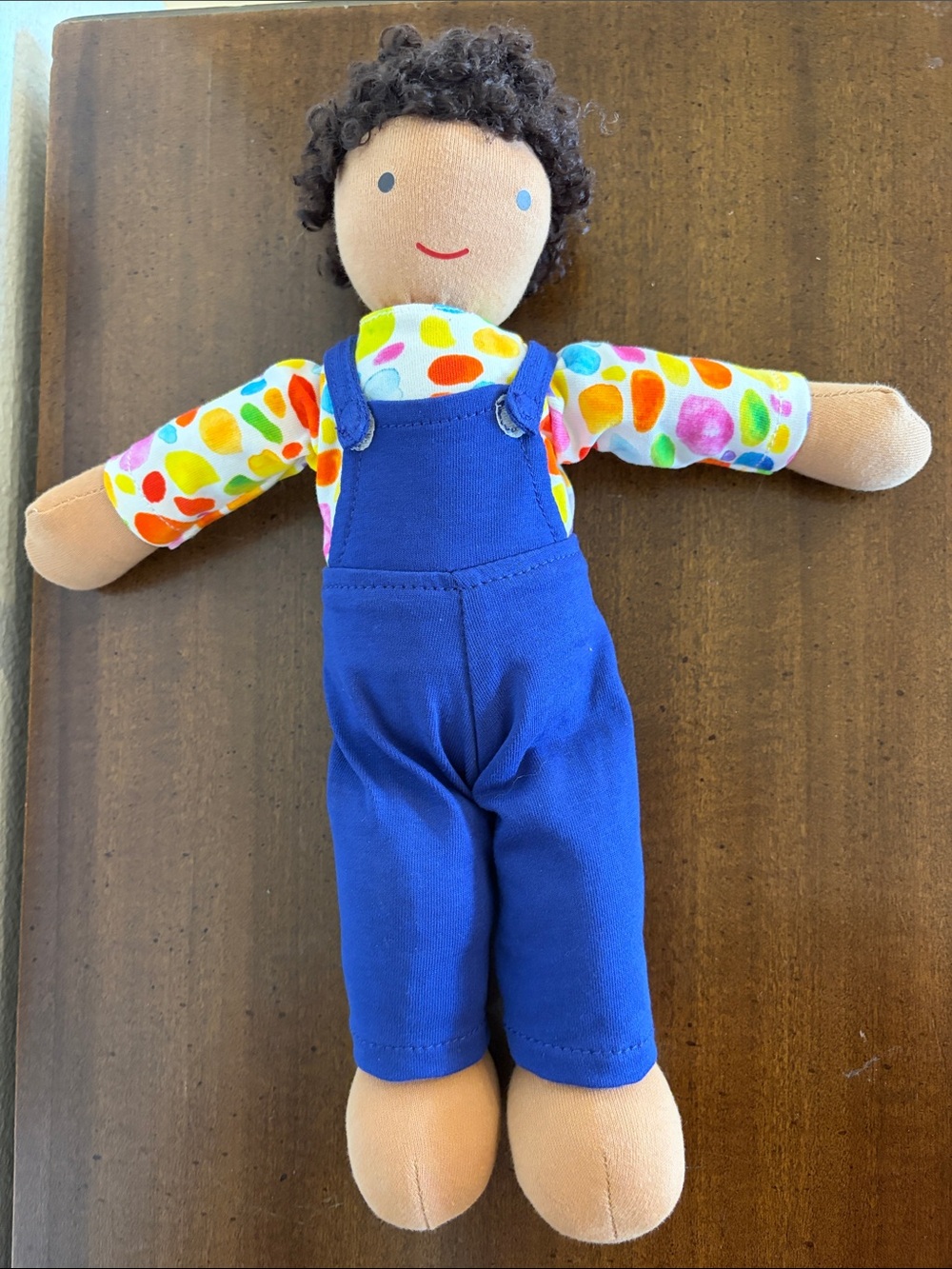 Lovevery Little QuinnSoft Cloth Plush Doll in Blue Overalls Colorful Dot Shirt